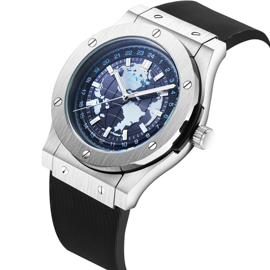 Time Matrix Men's Stylish Automatic Mechanical Watch | Blue Globe Dial | 316L Steel & Silicone | Luminous Night Vision | Casual Business Waterproof Watch | Graduation Gift Idea