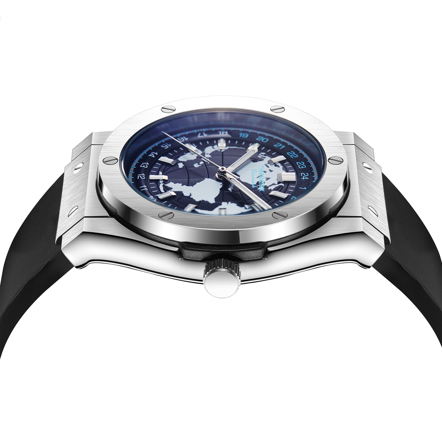 Time Matrix Men's Stylish Automatic Mechanical Watch | Blue Globe Dial | 316L Steel & Silicone | Luminous Night Vision | Casual Business Waterproof Watch | Graduation Gift Idea