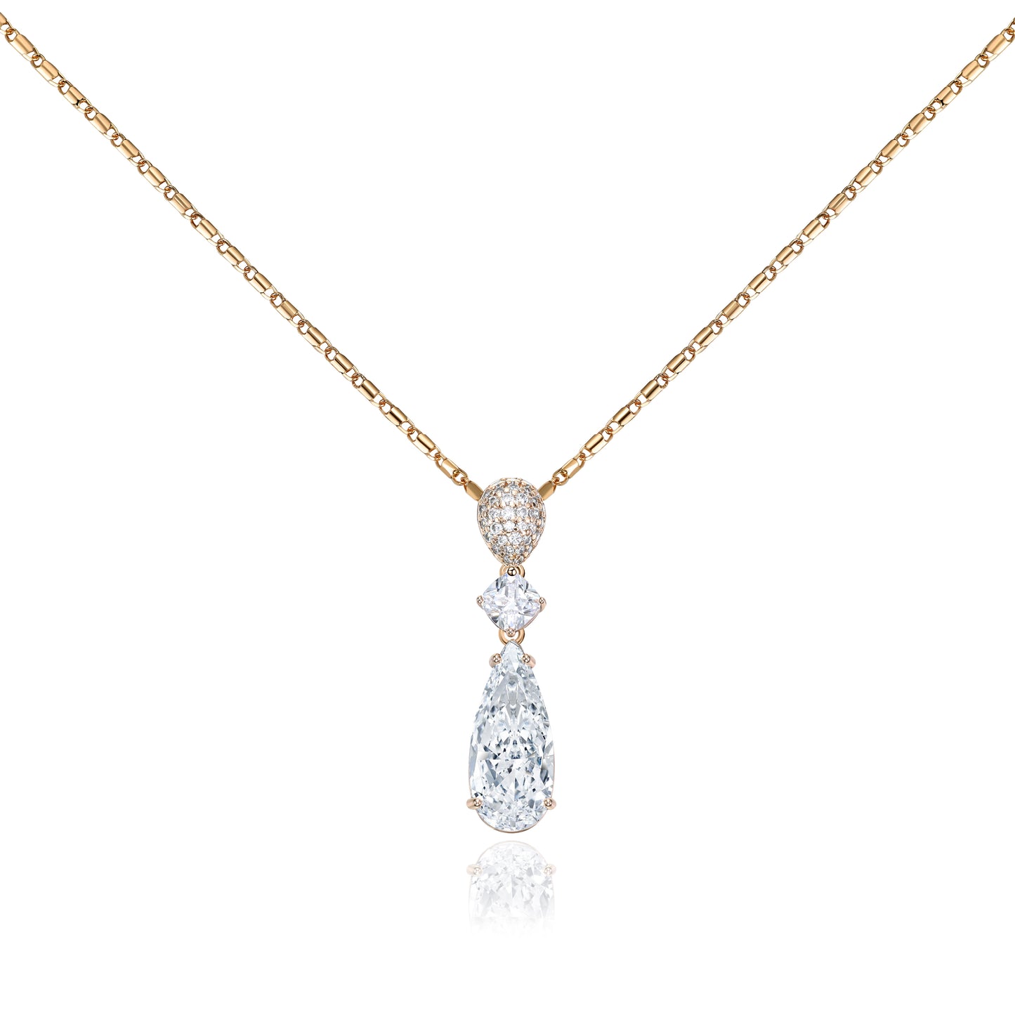 TIMEMATRIX 18K Gold Plated Bridal Jewelry Set | Tear Drop Necklace with White CZ Stones & Glass Accents, Copper Base