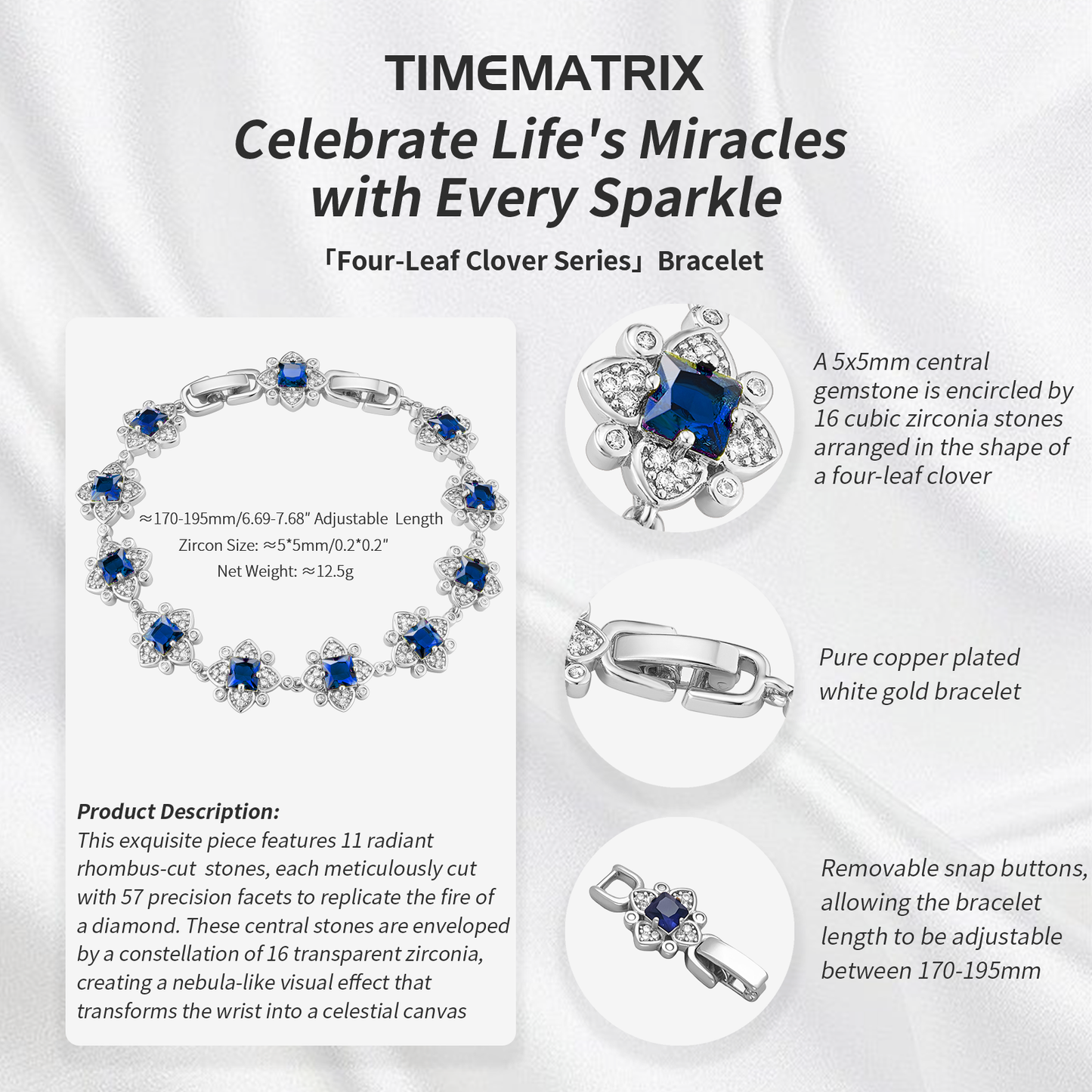 TIMEMATRIX White Gold Clover Bracelet | Sapphire CZ & Diamond-Accented Sparkle | Perfect Gift for Girlfriend, Wife & Mom
