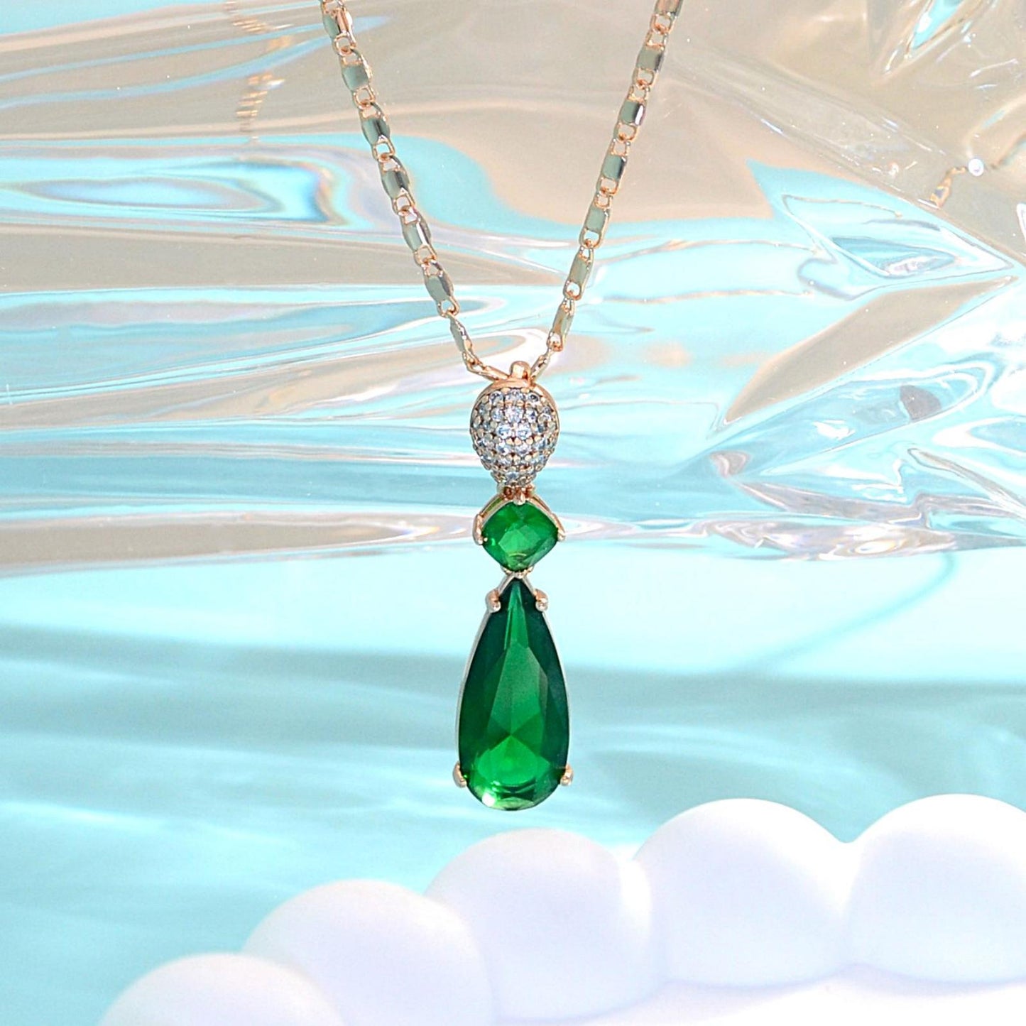 TIMEMATRIX 18K Gold Plated Bridal Jewelry Set | Tear Drop Necklace with White CZ Stones & Glass Accents, Copper Base