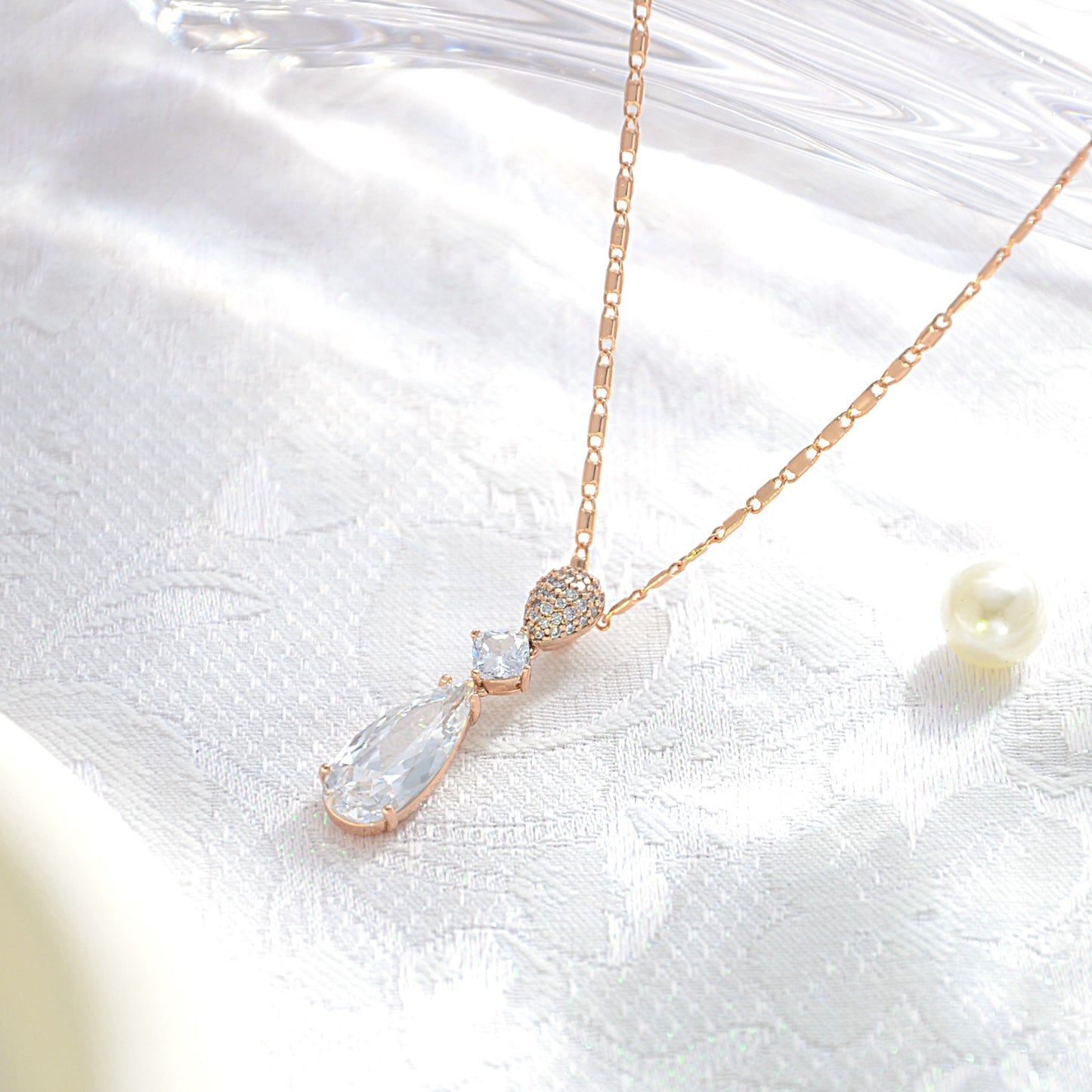 TIMEMATRIX 18K Gold Plated Bridal Jewelry Set | Tear Drop Necklace with White CZ Stones & Glass Accents, Copper Base