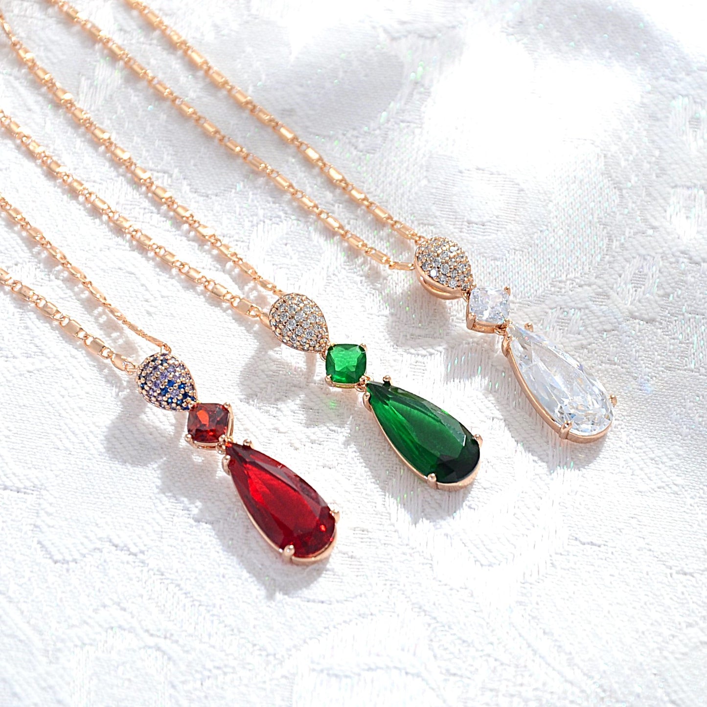 TIMEMATRIX 18K Gold Plated Bridal Jewelry Set | Tear Drop Necklace with White CZ Stones & Glass Accents, Copper Base