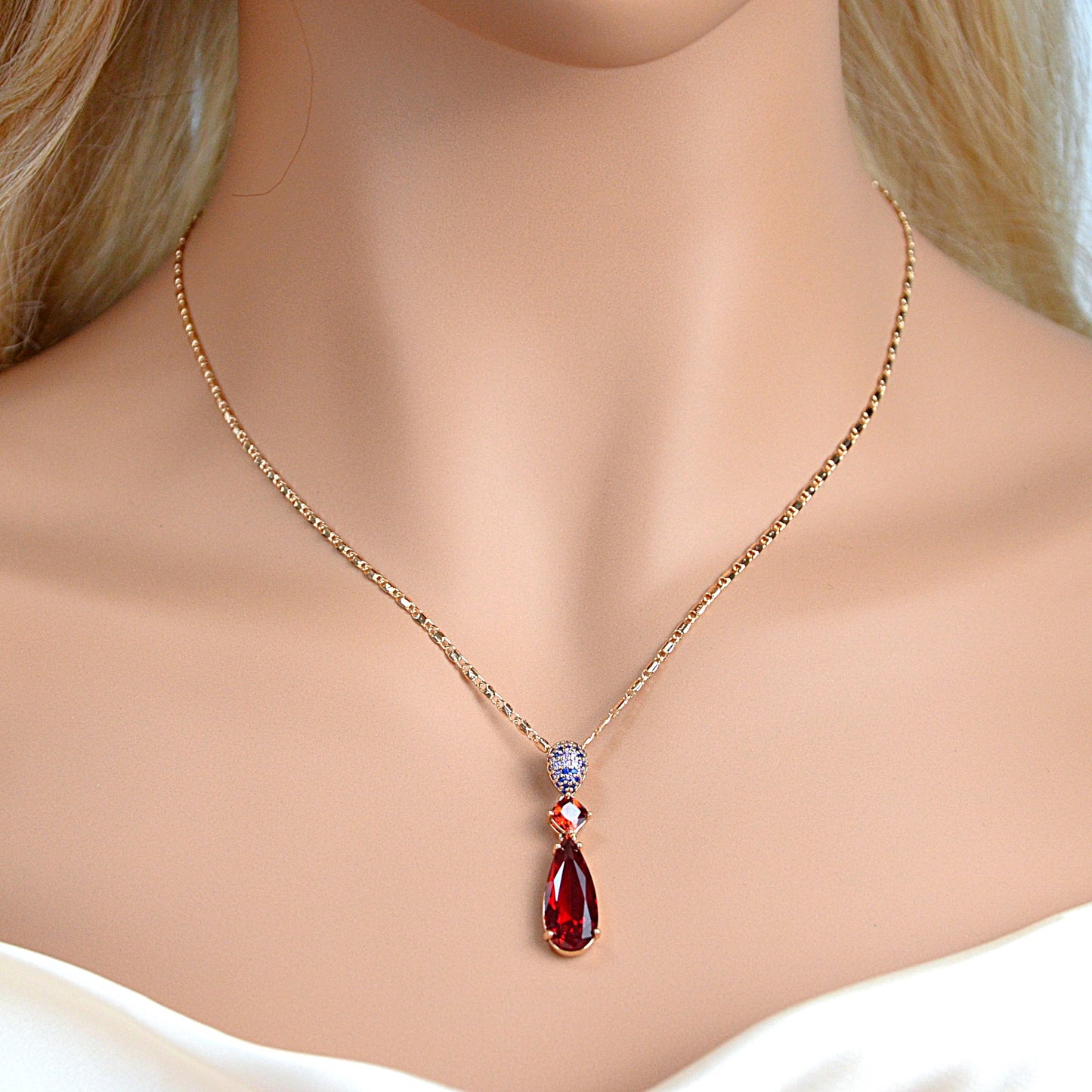TIMEMATRIX 18K Gold Plated Bridal Jewelry Set | Tear Drop Necklace with White CZ Stones & Glass Accents, Copper Base