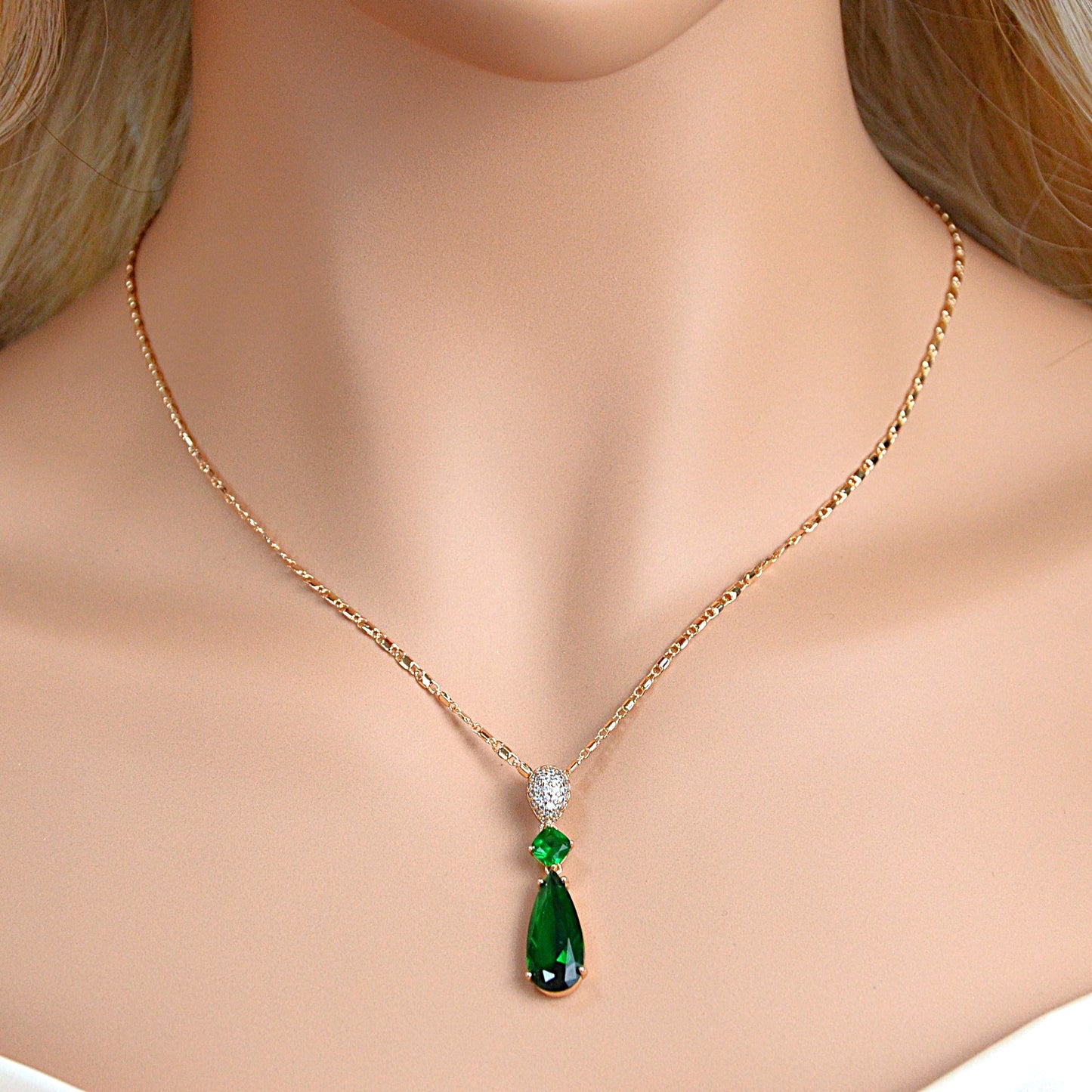 TIMEMATRIX 18K Gold Plated Bridal Jewelry Set | Tear Drop Necklace with White CZ Stones & Glass Accents, Copper Base