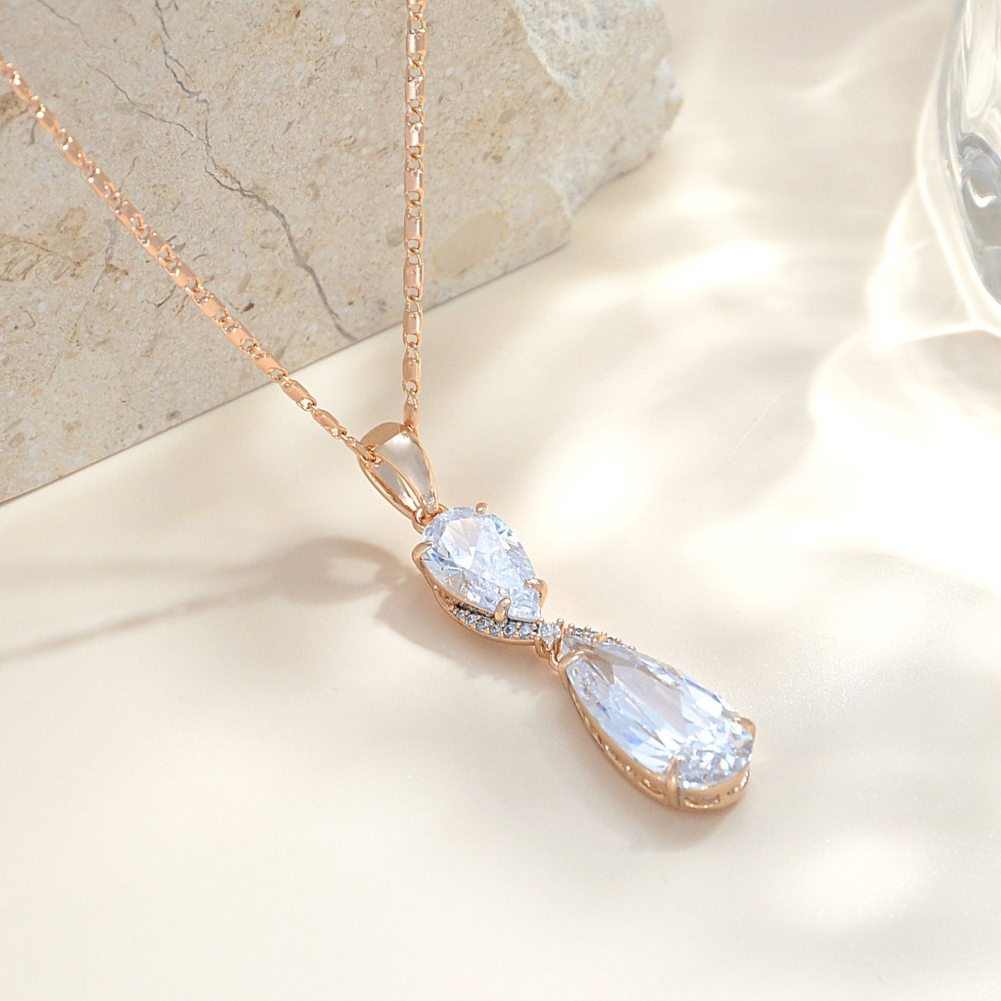 TIMEMATRIX 18K Gold Plated Teardrop CZ Necklace - Dainty Collarbone Chain for Women, Everyday Elegance