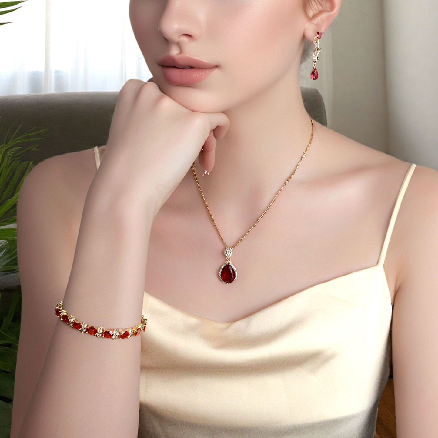 TIMEMATRIX 18K Gold Plated Eternal Bracelet for Women | Sparkling Deep Garnet Jewelry | Ideal Gift for Girlfriend, Wife & Mother