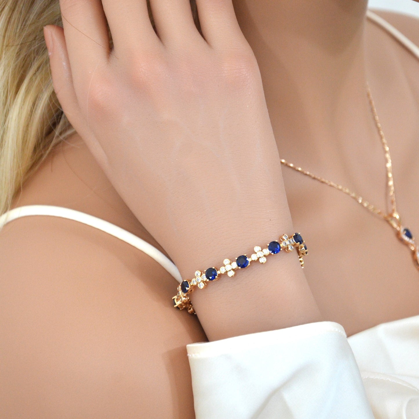 TIMEMATRIX 18K Gold Plated Tennis Bracelet for Women | Sparkling Dark Blue Zirconia & White Rhinestone Design | Ideal Gift for Girlfriend, Wife & Mother