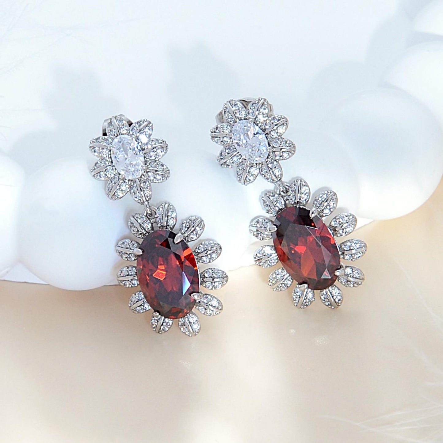 Trending Sunflower Earrings for Women | White Gold Plated with Deep Garnet CZ Gemstones | Summer Garden & Casual Chic Jewelry | Perfect Birthday/Mother’s Day Gift for Her