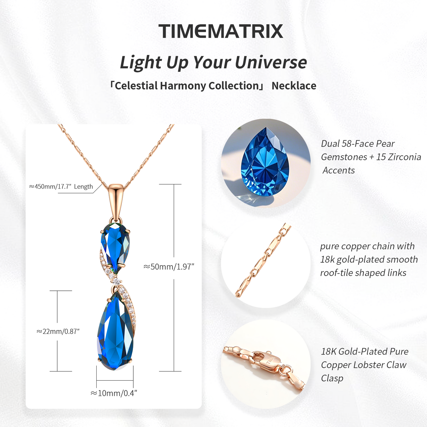 TIMEMATRIX 18K Gold Plated Teardrop CZ Necklace - Dainty Collarbone Chain for Women, Everyday Elegance