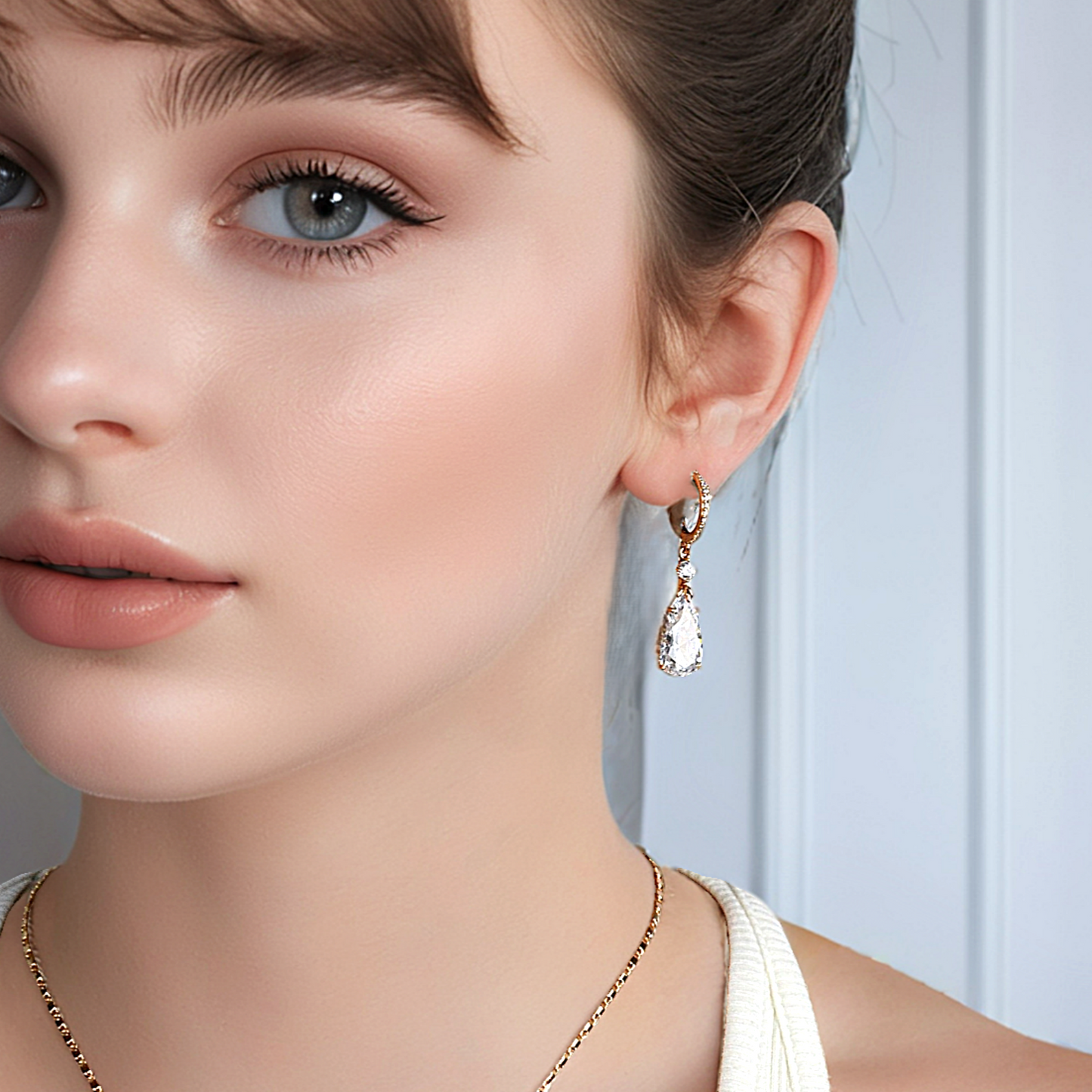 TIMEMATRIX 18K Gold Plated White Waterdrop Earrings | Sparkling Cubic Zirconia Dangle Pendant | Perfect for Wedding, Bridal & Daily Elegance