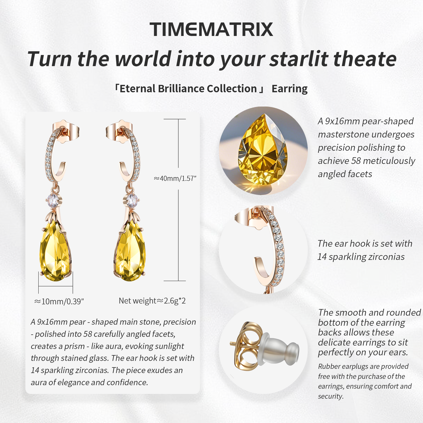 TIMEMATRIX 18K Gold Plated White Waterdrop Earrings | Sparkling Cubic Zirconia Dangle Pendant | Perfect for Wedding, Bridal & Daily Elegance
