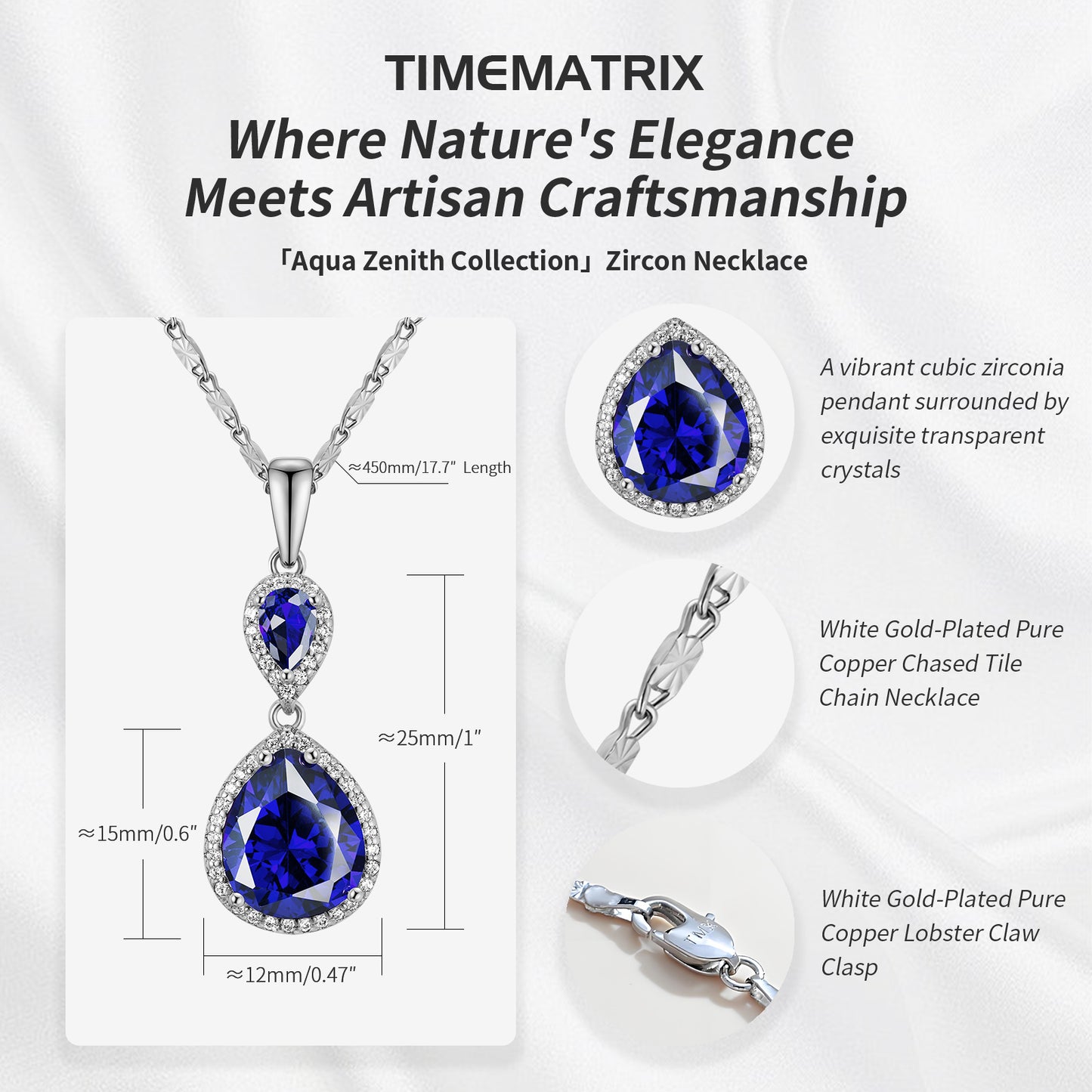 Elegant Waterdrop Pendant Necklace for Women | Brass Plated with White Gold & Set with Cubic Zirconia Gemstones | Statement Jewelry for Wedding, Banquet & Party