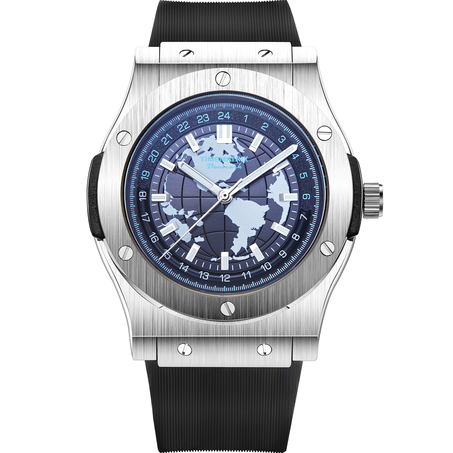 Time Matrix Men's Stylish Automatic Mechanical Watch | Blue Globe Dial | 316L Steel & Silicone | Luminous Night Vision | Casual Business Waterproof Watch | Graduation Gift Idea