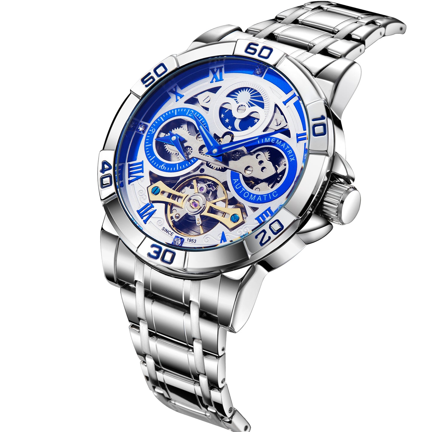 TIMEMATRIX Men's Luxury Lunar Phase Dual Time Zone Automatic Watch | Stainless Steel Silver Dial | Business Casual Waterproof Wristwatch | Ideal Gift for Father's Day, Birthday & Anniversary