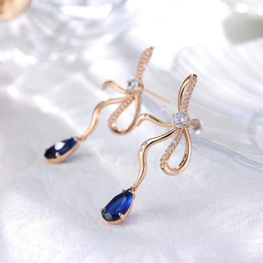 TIMEMATRIX 18K Gold Plated Bow Tie Earrings for Women | Sapphire Blue Cubic Zirconia Pendant | Perfect for Office, Date Night & Party Glam