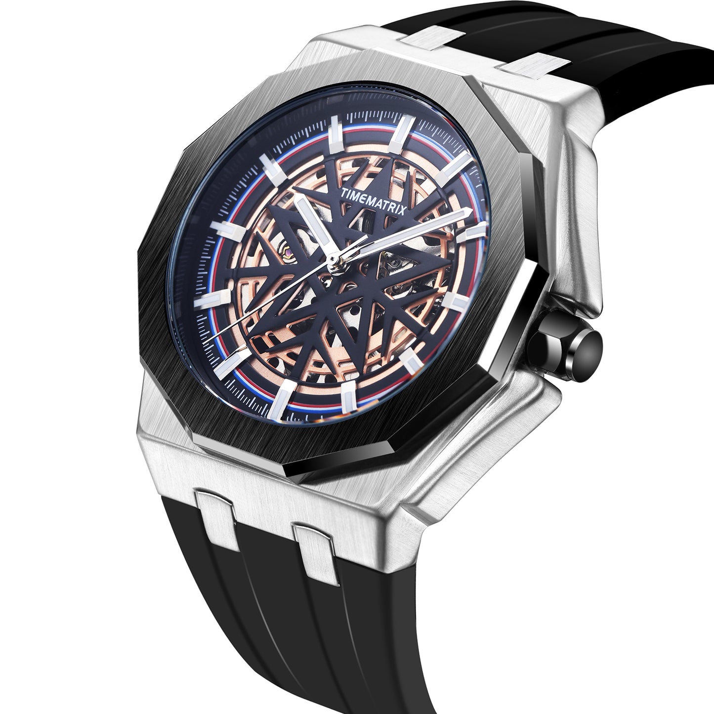 TIMEMATRIX Men's Stylish Star Skeleton Watch | Automatic Mechanical | Black Steel & Silicone | Luminous Night Design | Casual Business Wristwatch | Graduation Gift for Trendy Guys