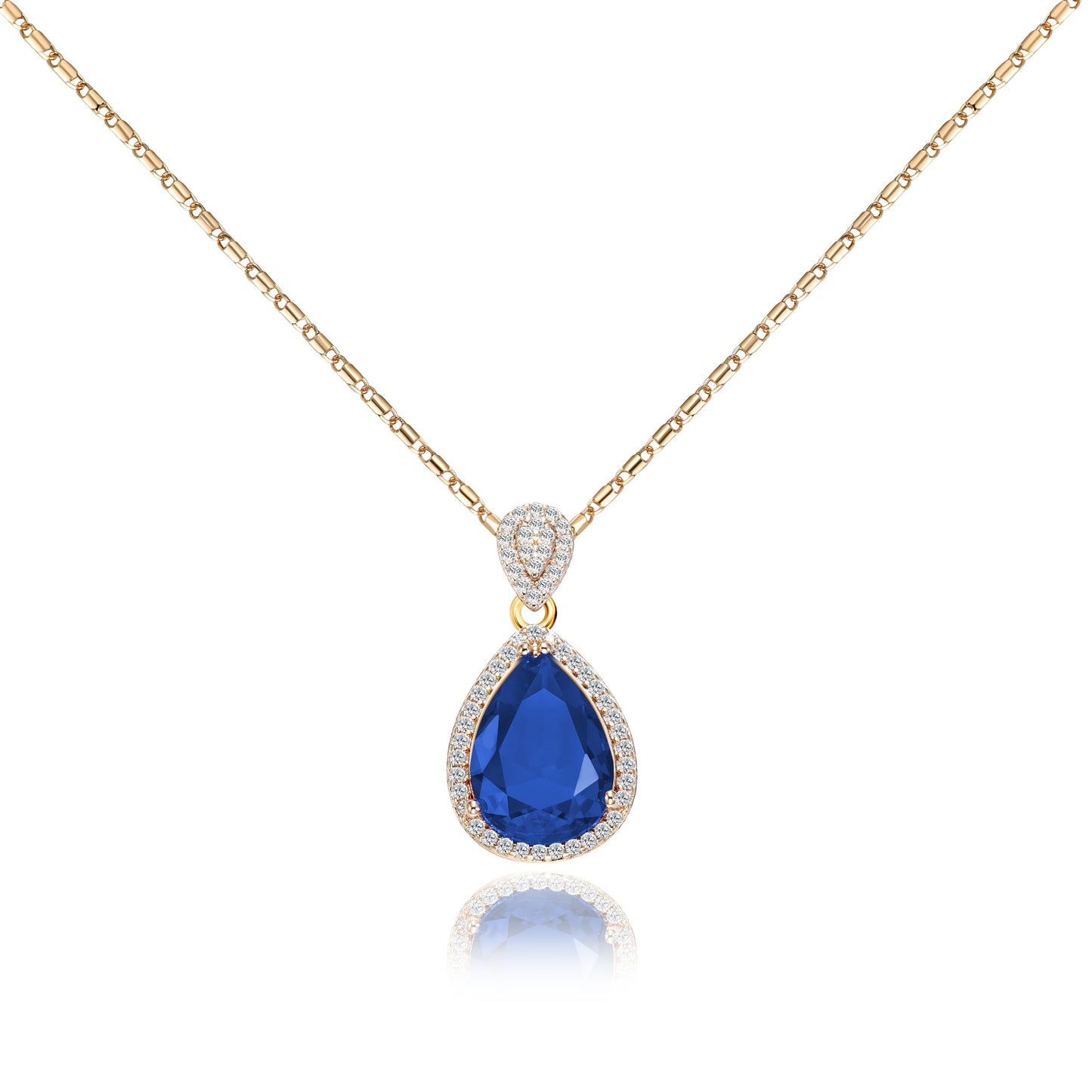 TIMEMATRIX 18K Gold Plated Sapphire Blue Water Drop Pendant Necklace | Copper Base with Glass CZ Stones, Women's Jewelry