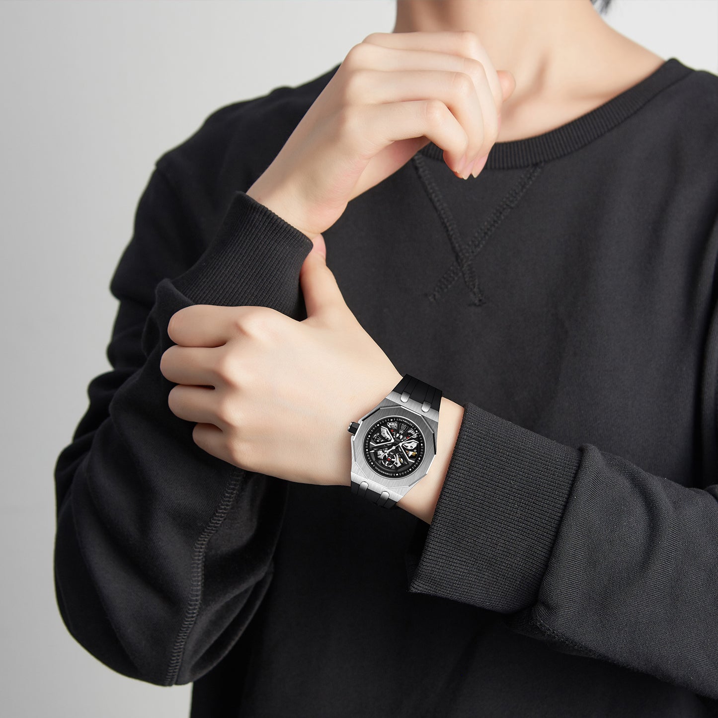 TIMEMATRIX Men's Stylish Hollow Out Mechanical Watch | Luminous Skeleton Dial | Alloy Case | Casual Business Waterproof | Ideal Gift for Trendy Men & Dads