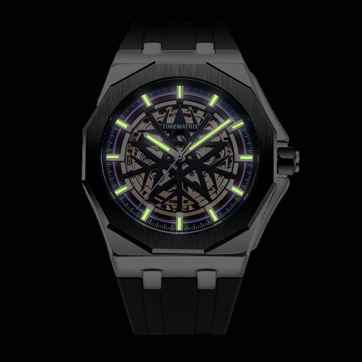 TIMEMATRIX Men's Stylish Star Skeleton Watch | Automatic Mechanical | Black Steel & Silicone | Luminous Night Design | Casual Business Wristwatch | Graduation Gift for Trendy Guys