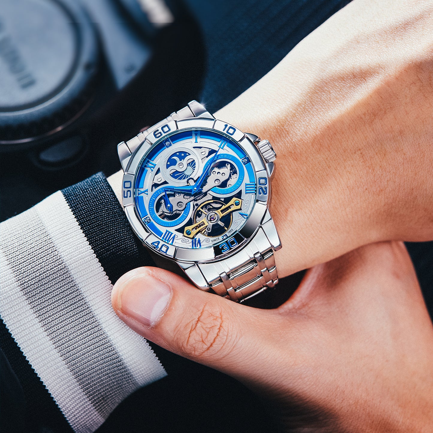 TIMEMATRIX Men's Luxury Lunar Phase Dual Time Zone Automatic Watch | Stainless Steel Silver Dial | Business Casual Waterproof Wristwatch | Ideal Gift for Father's Day, Birthday & Anniversary