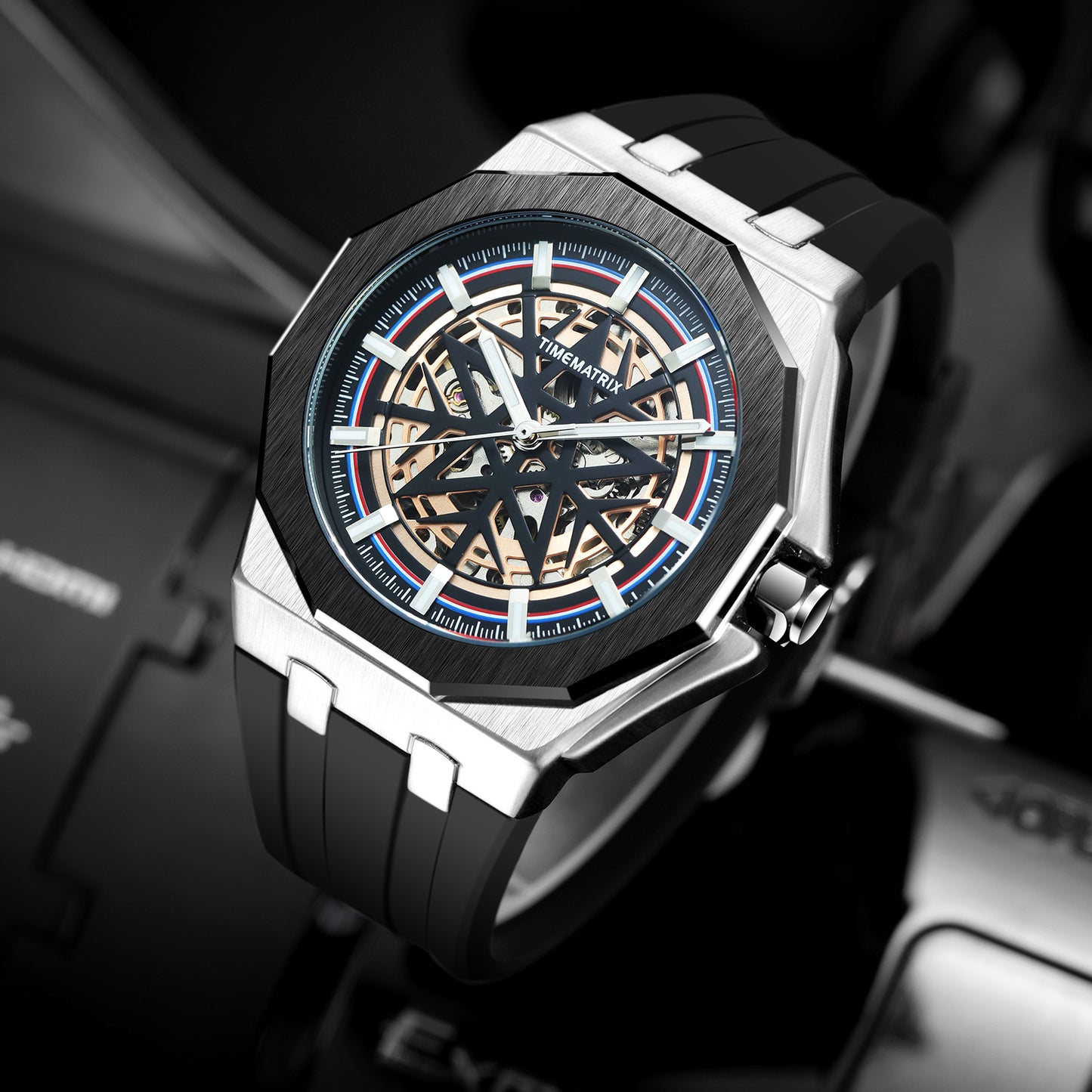 TIMEMATRIX Men's Stylish Star Skeleton Watch | Automatic Mechanical | Black Steel & Silicone | Luminous Night Design | Casual Business Wristwatch | Graduation Gift for Trendy Guys