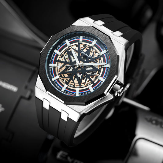 TIMEMATRIX Men's Stylish Star Skeleton Watch | Automatic Mechanical | Black Steel & Silicone | Luminous Night Design | Casual Business Wristwatch | Graduation Gift for Trendy Guys