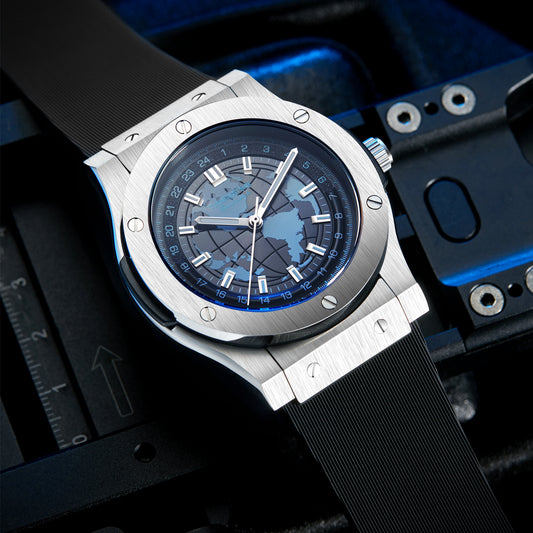 Time Matrix Men's Stylish Automatic Mechanical Watch | Blue Globe Dial | 316L Steel & Silicone | Luminous Night Vision | Casual Business Waterproof Watch | Graduation Gift Idea