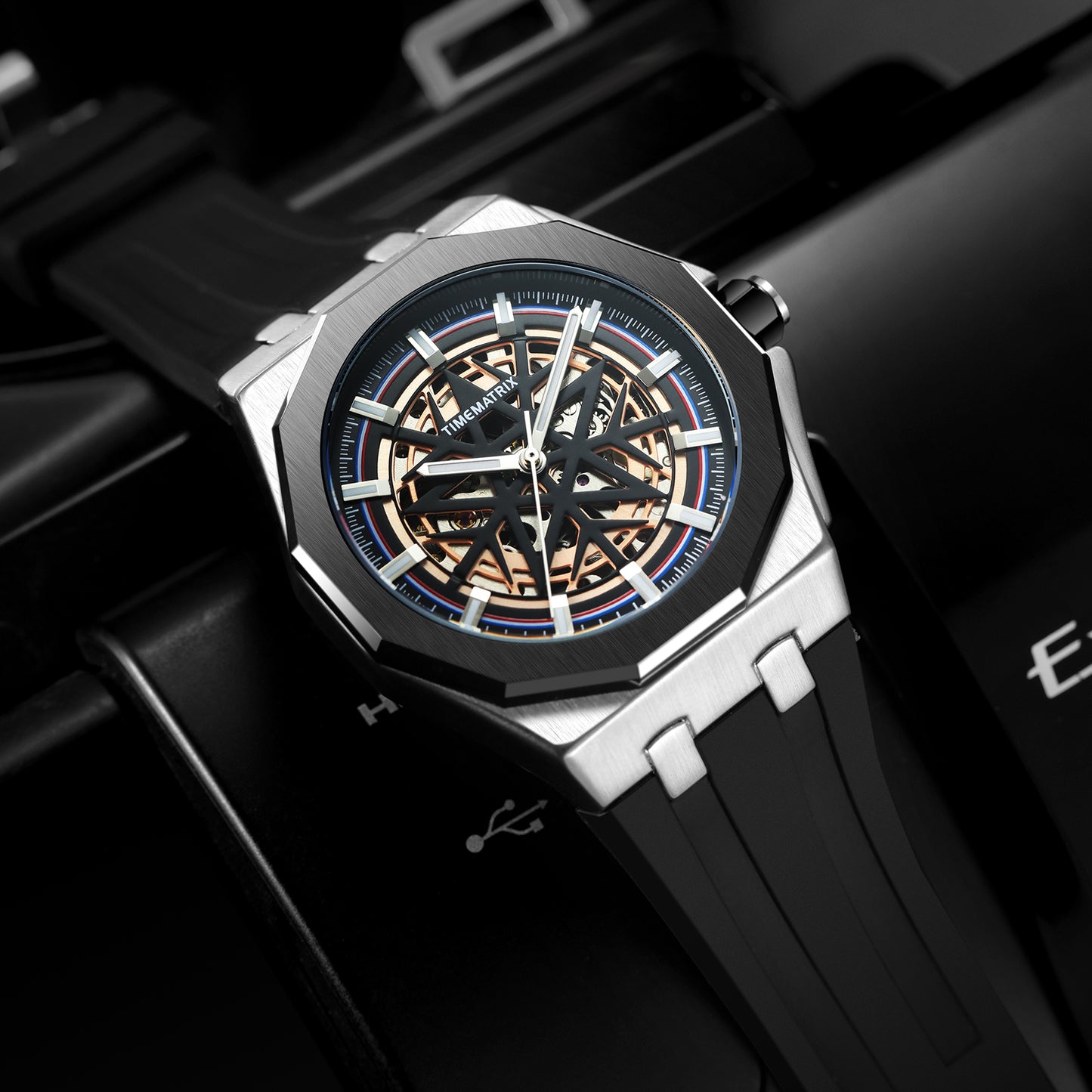 TIMEMATRIX Men's Stylish Star Skeleton Watch | Automatic Mechanical | Black Steel & Silicone | Luminous Night Design | Casual Business Wristwatch | Graduation Gift for Trendy Guys
