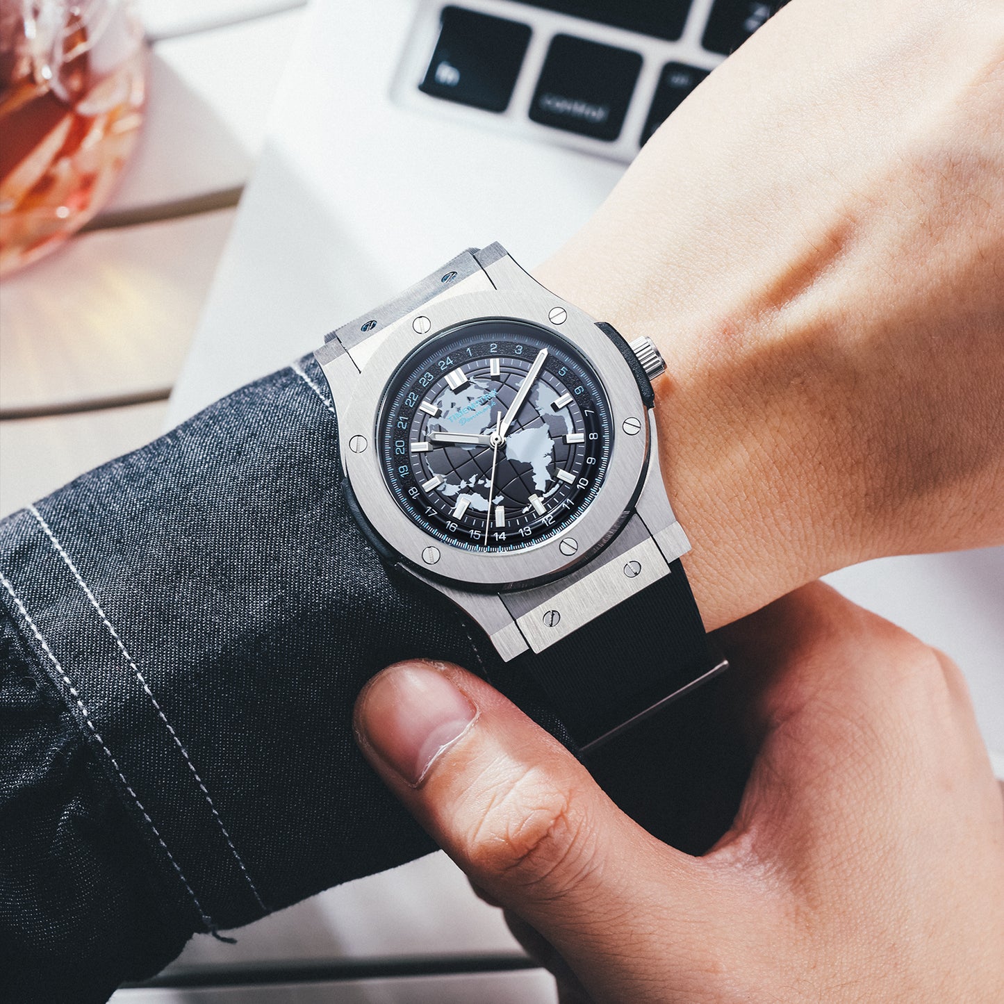 Time Matrix Men's Stylish Automatic Mechanical Watch | Blue Globe Dial | 316L Steel & Silicone | Luminous Night Vision | Casual Business Waterproof Watch | Graduation Gift Idea