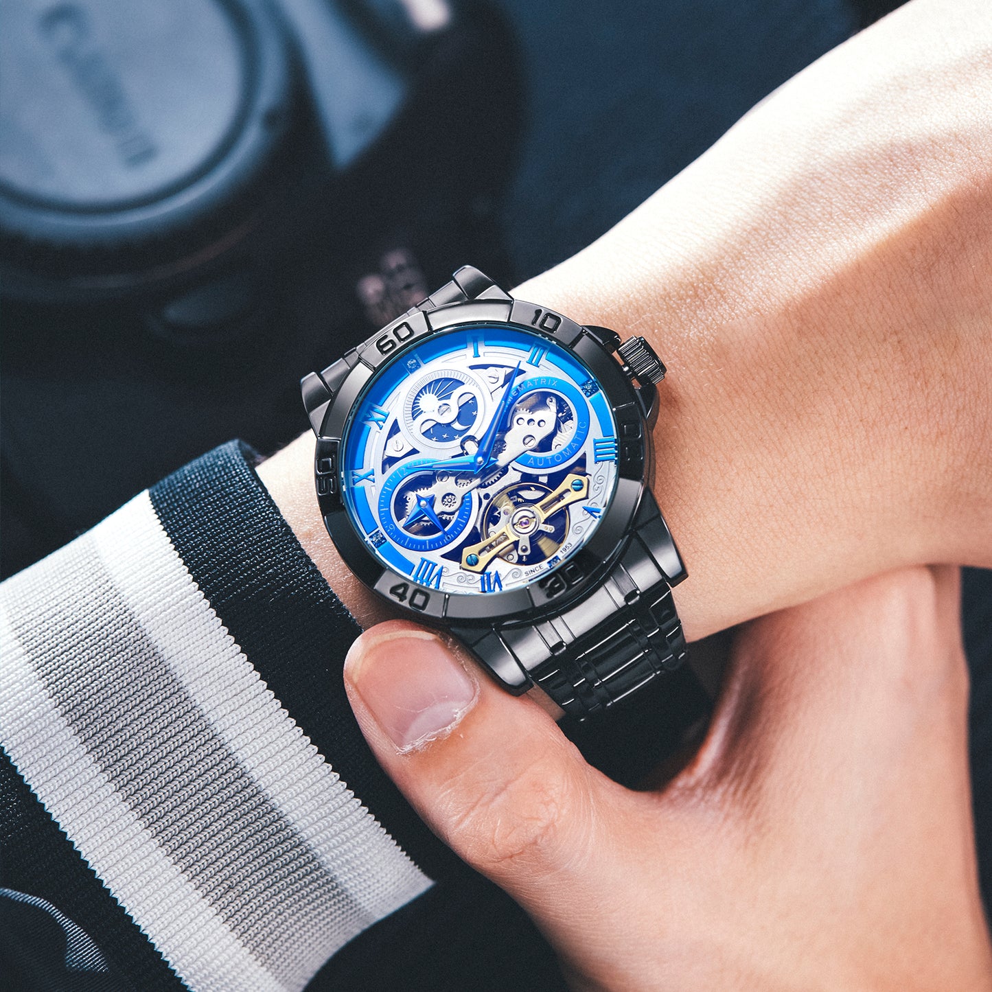TIMEMATRIX Men's Luxury Lunar Phase Dual Time Zone Automatic Watch | Stainless Steel Silver Dial | Business Casual Waterproof Wristwatch | Ideal Gift for Father's Day, Birthday & Anniversary