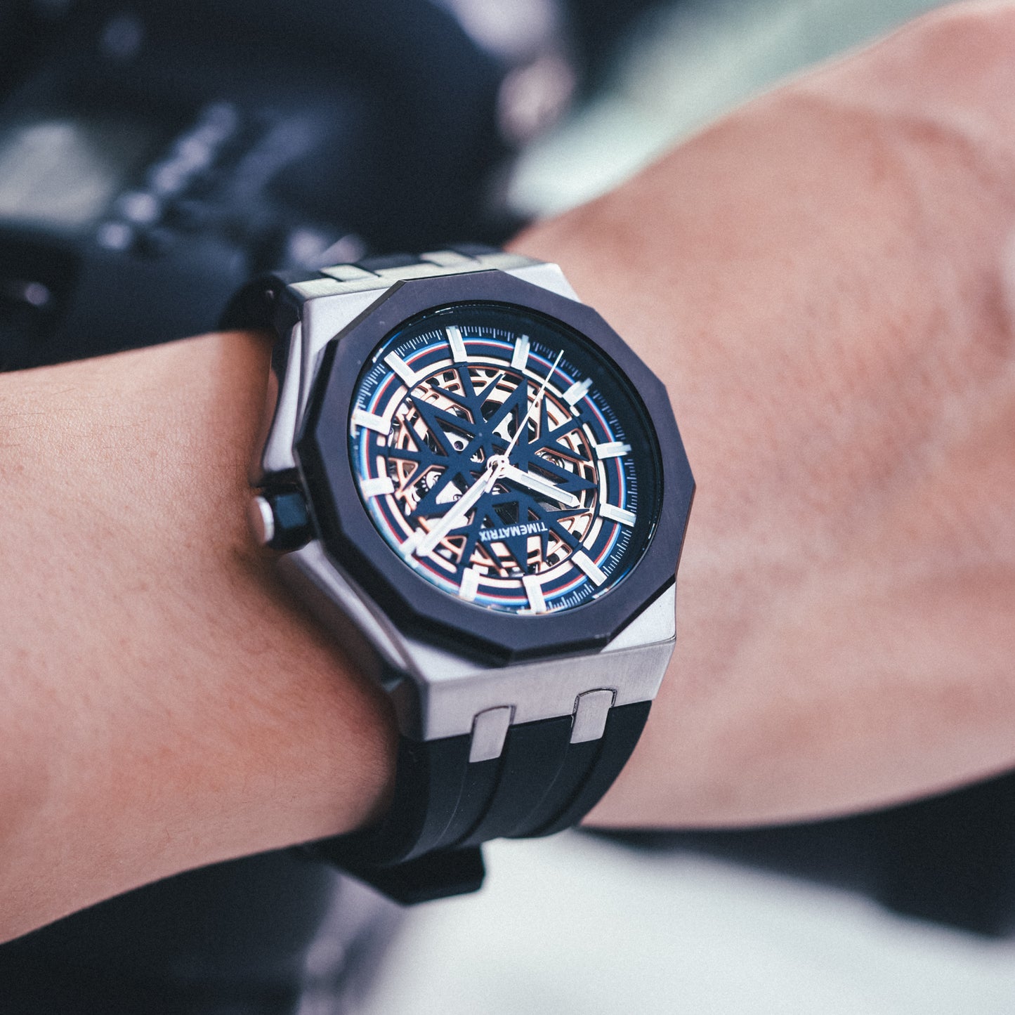 TIMEMATRIX Men's Stylish Star Skeleton Watch | Automatic Mechanical | Black Steel & Silicone | Luminous Night Design | Casual Business Wristwatch | Graduation Gift for Trendy Guys