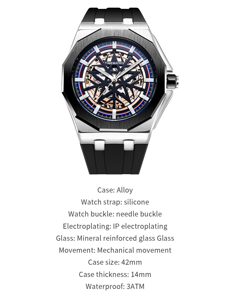 TIMEMATRIX Men's Stylish Star Skeleton Watch | Automatic Mechanical | Black Steel & Silicone | Luminous Night Design | Casual Business Wristwatch | Graduation Gift for Trendy Guys