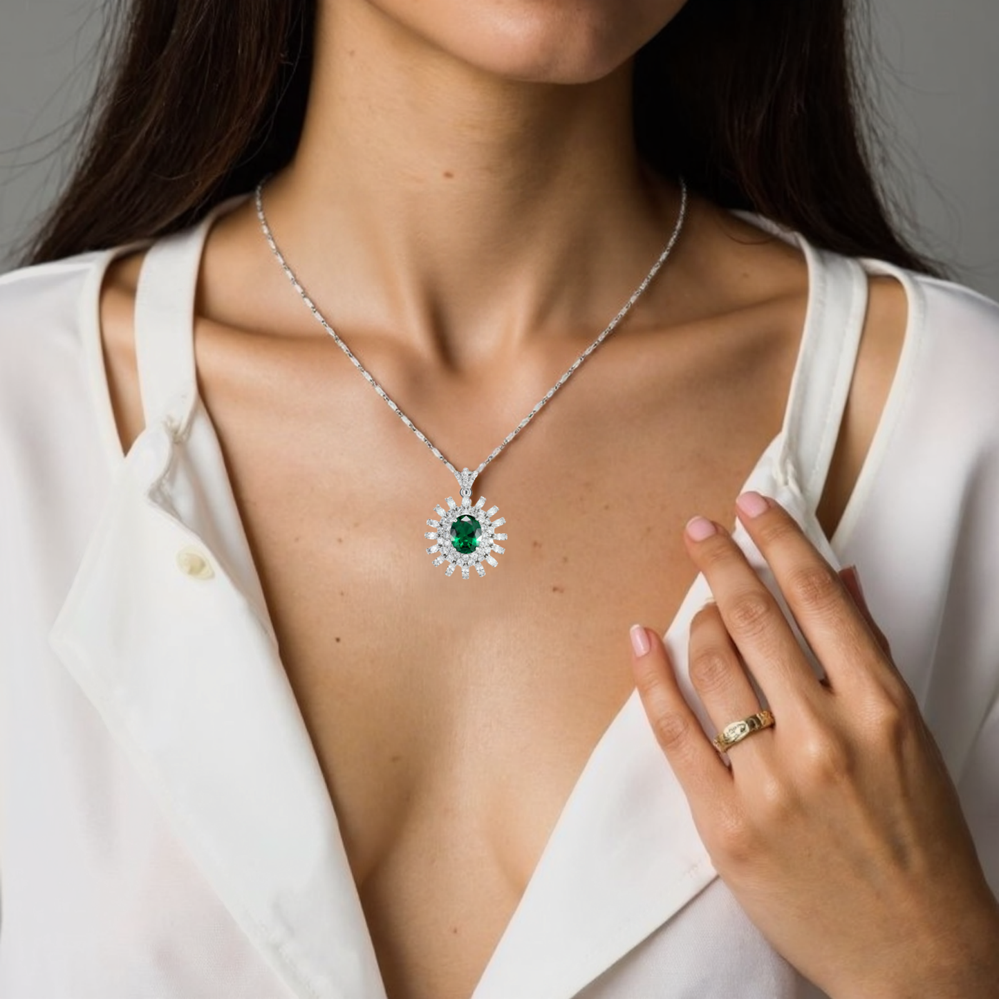 TIMEMATRIX White Gold Plated Sunflower Necklace for Women | Emerald CZ Gemstone Pendant, Mother's Day Gift