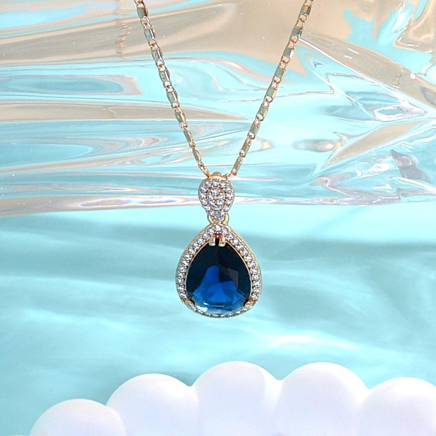 TIMEMATRIX 18K Gold Plated Sapphire Blue Water Drop Pendant Necklace | Copper Base with Glass CZ Stones, Women's Jewelry