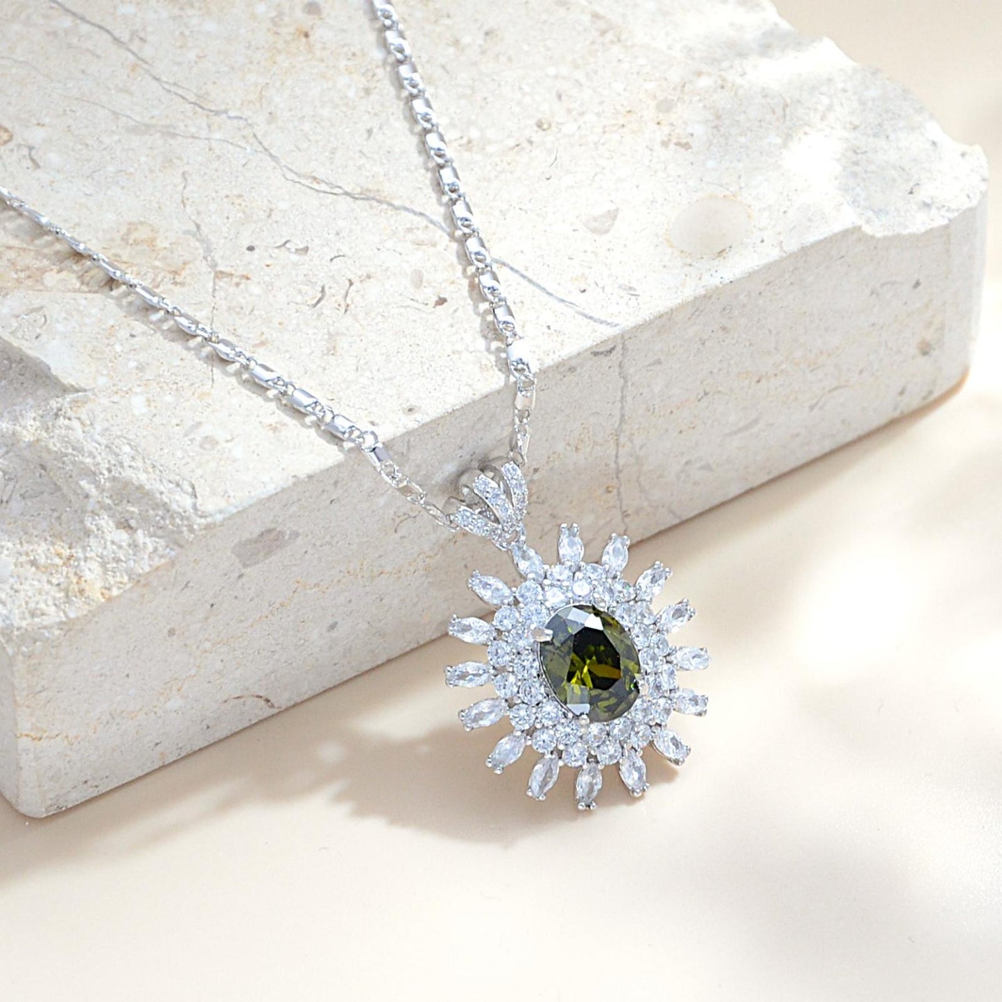 TIMEMATRIX White Gold Plated Sunflower Necklace for Women | Emerald CZ Gemstone Pendant, Mother's Day Gift