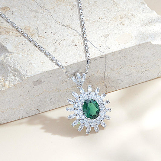TIMEMATRIX White Gold Plated Sunflower Necklace for Women | Emerald CZ Gemstone Pendant, Mother's Day Gift