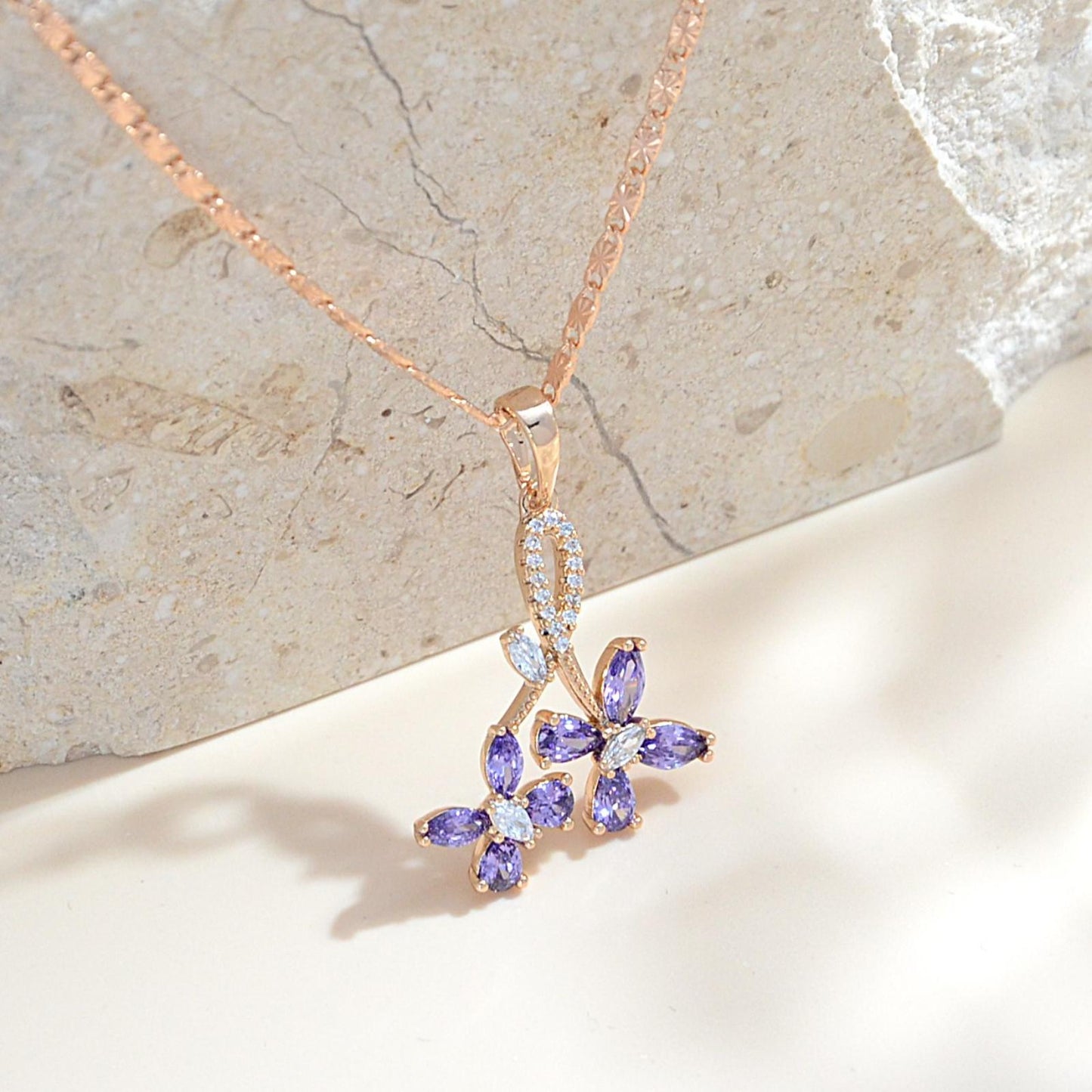 TIMEMATRIX 18K Gold Plated Amethyst Flower Necklace for Women | Violet CZ Pendant, Daily & Evening Elegant Jewelry