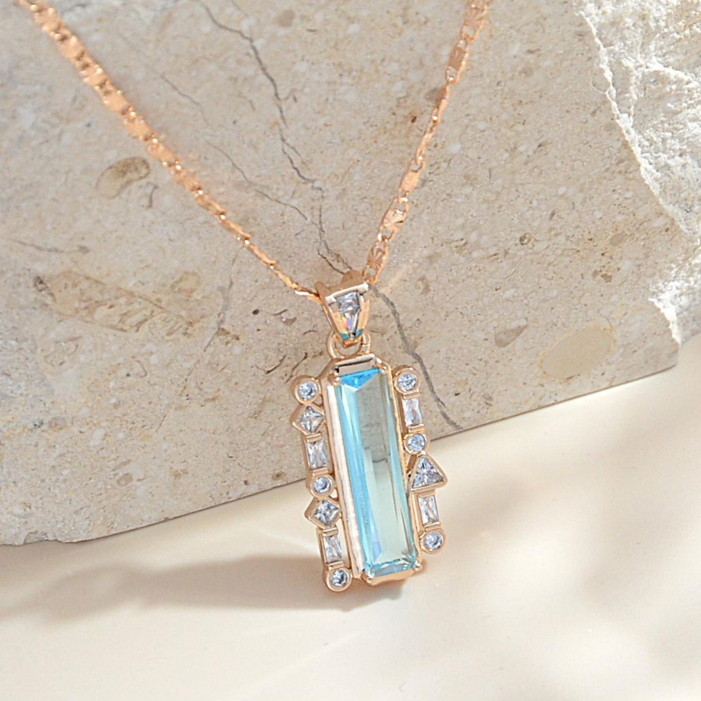 TIMEMATRIX 18K Gold Plated Rectangular Aquamarine CZ Necklace for Women | Light Blue Pendant, Daily & Beach Elegant Jewelry