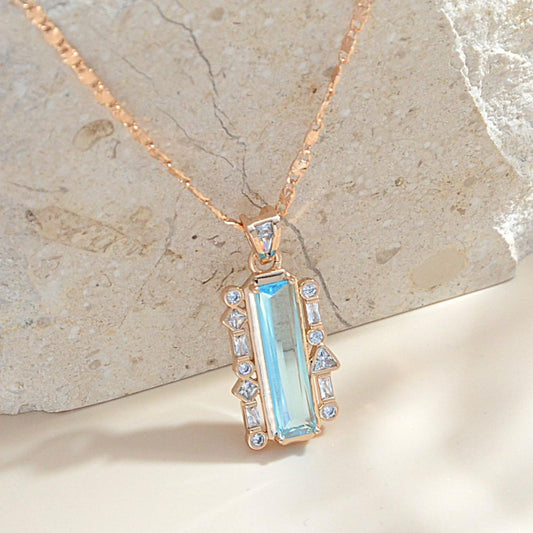TIMEMATRIX 18K Gold Plated Rectangular Aquamarine CZ Necklace for Women | Light Blue Pendant, Daily & Beach Elegant Jewelry