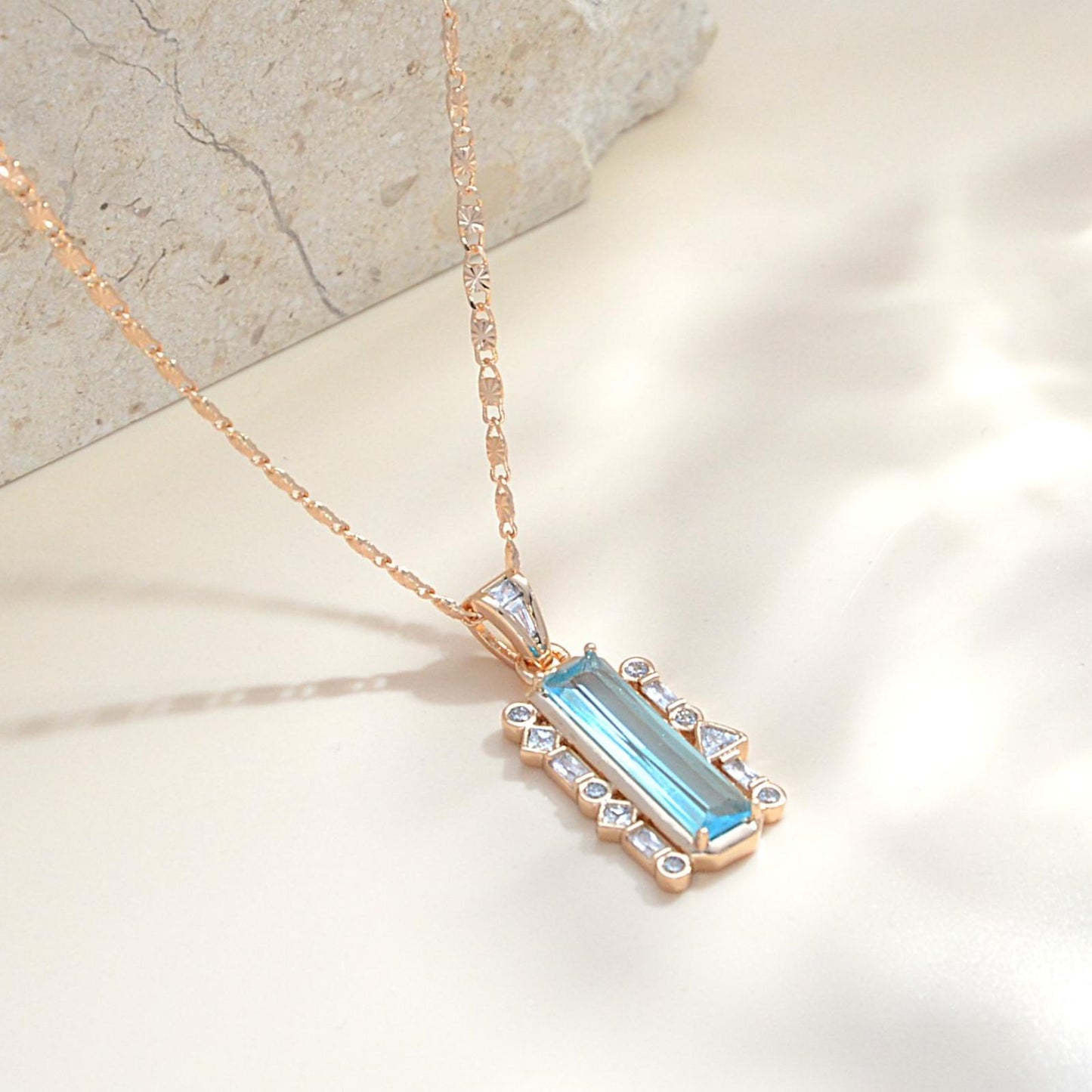 TIMEMATRIX 18K Gold Plated Rectangular Aquamarine CZ Necklace for Women | Light Blue Pendant, Daily & Beach Elegant Jewelry