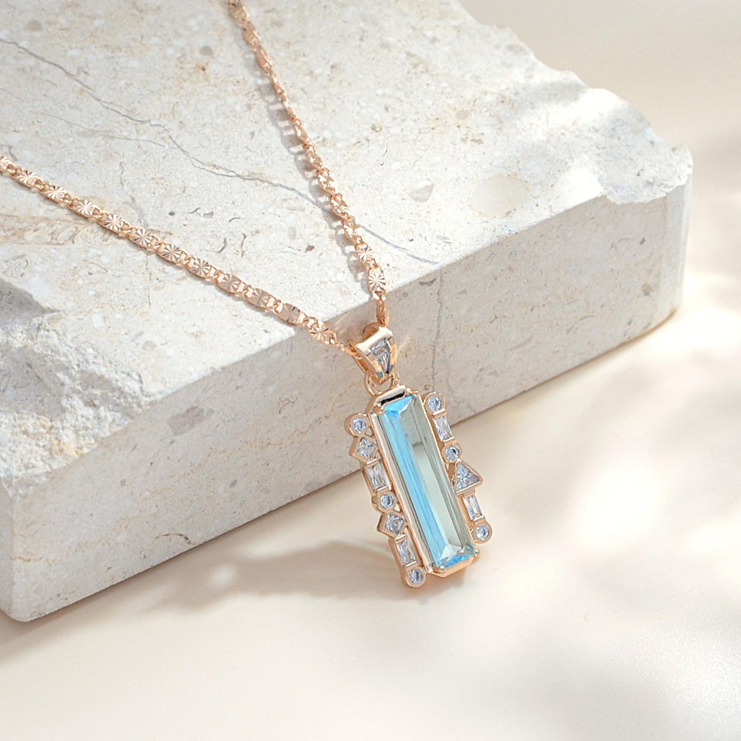 TIMEMATRIX 18K Gold Plated Rectangular Aquamarine CZ Necklace for Women | Light Blue Pendant, Daily & Beach Elegant Jewelry