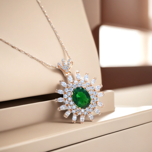 TIMEMATRIX 18K Gold Plated Sunflower Necklace for Women | Emerald CZ Gemstone Pendant, Mother's Day Gift