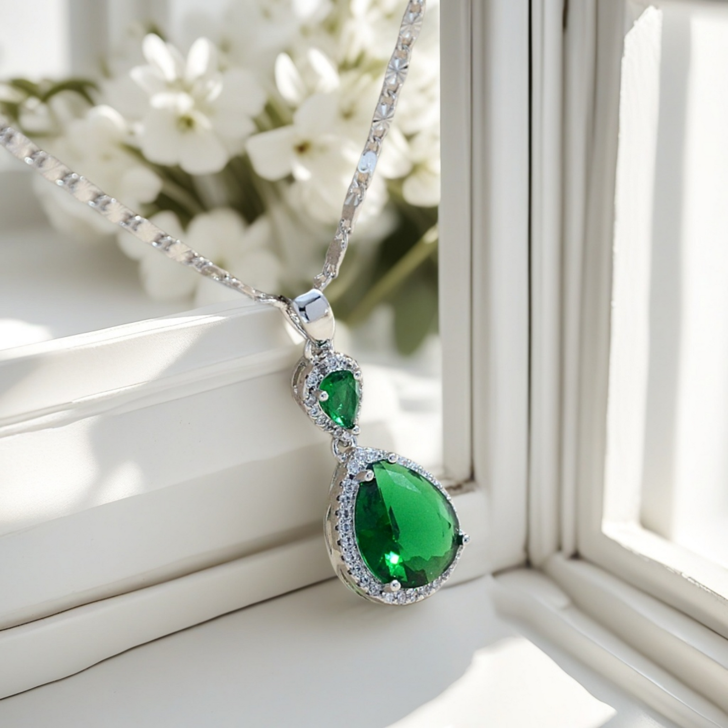 Elegant Waterdrop Pendant Necklace for Women | Brass Plated with White Gold & Set with Cubic Zirconia Gemstones | Statement Jewelry for Wedding, Banquet & Party