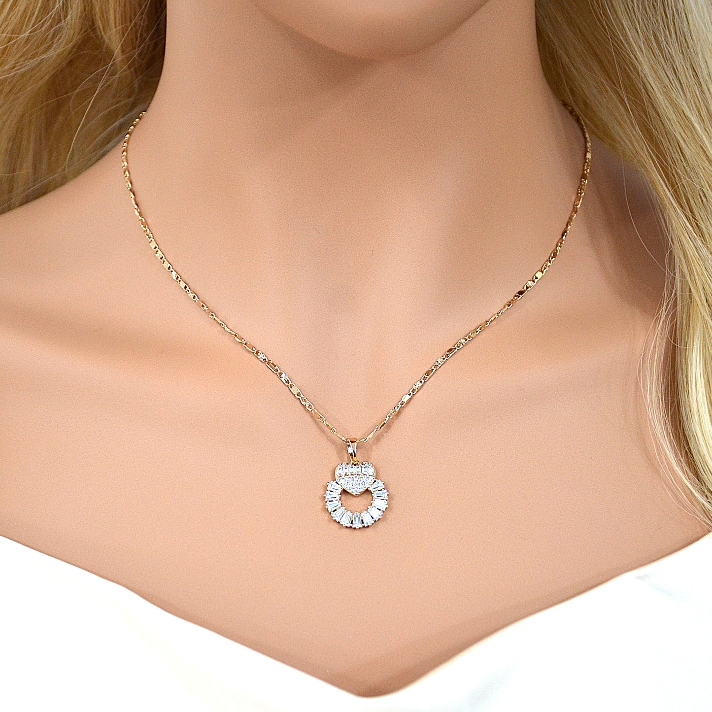 TIMEMATRIX Women's 18K Gold Heart Ring Necklace | White CZ Stones, Romantic Gift Idea