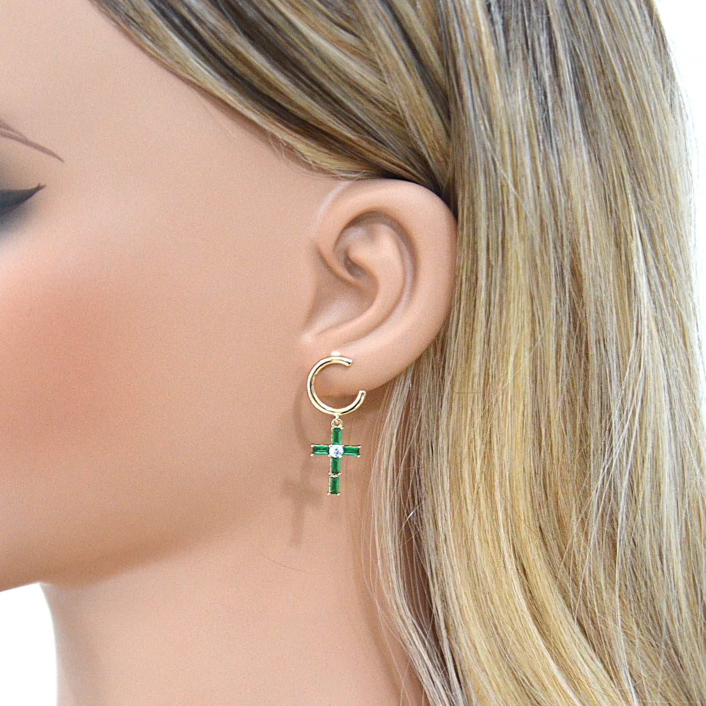 TIMEMATRIX Trending Cross Earrings for Women | 18K Gold Plated | Green Cubic Zirconia Pendant | Daily Elegant & Church/Party Jewelry | Ideal Gift for Birthday/Christmas