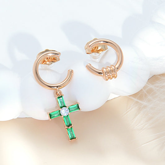 TIMEMATRIX Trending Cross Earrings for Women | 18K Gold Plated | Green Cubic Zirconia Pendant | Daily Elegant & Church/Party Jewelry | Ideal Gift for Birthday/Christmas