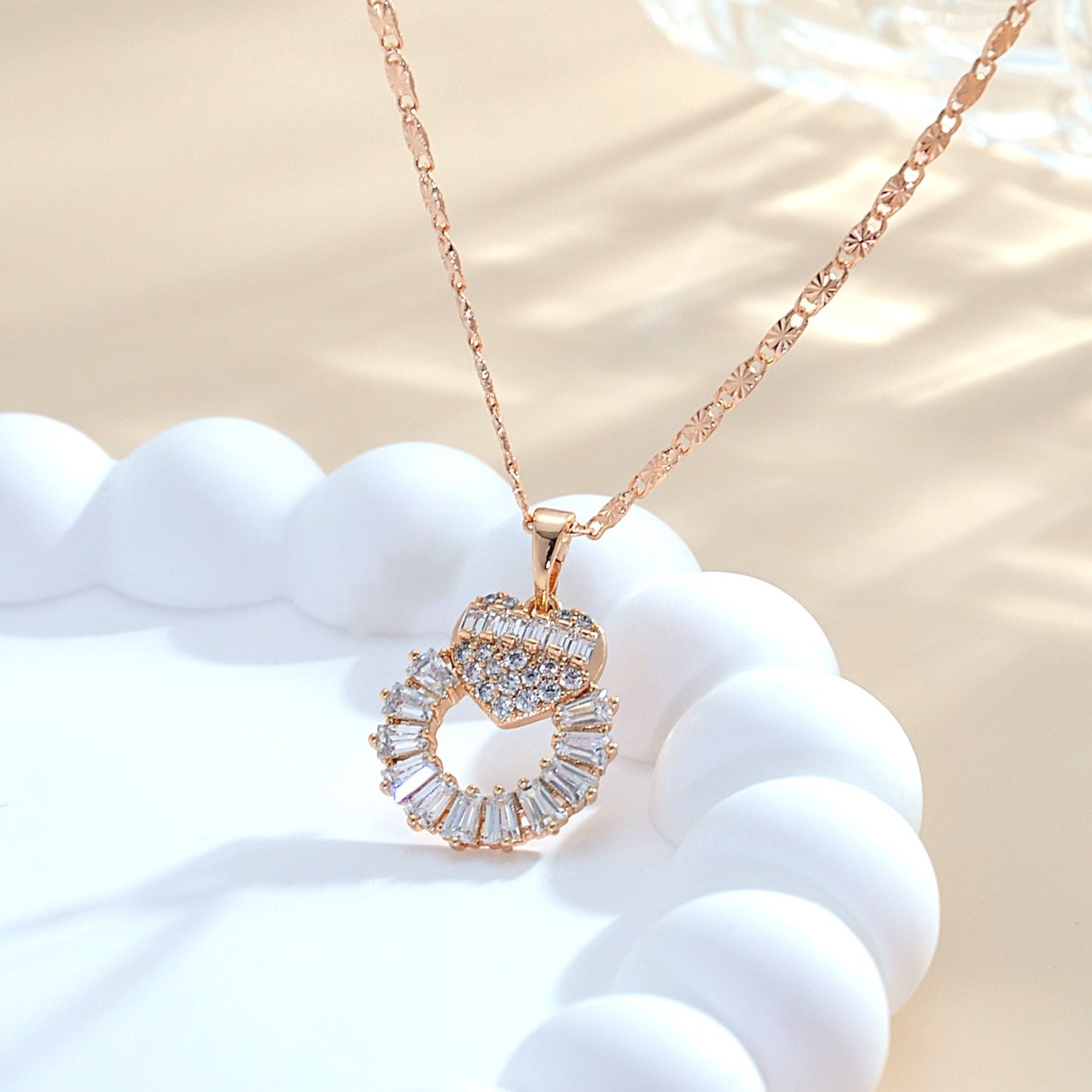 TIMEMATRIX Women's 18K Gold Heart Ring Necklace | White CZ Stones, Romantic Gift Idea