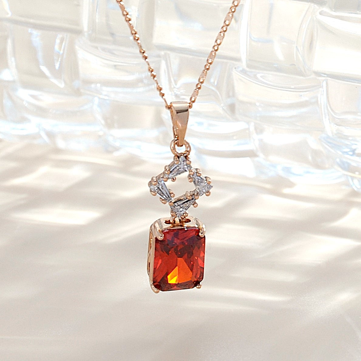 TIMEMATRIX 18K Gold Plated Quartet Sugar Pendant Necklace for Women | Garnet Red CZ, Daily & Party Jewelry