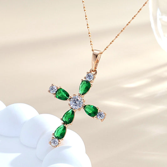 TIMEMATRIX Women's 18K Gold Cross Pendant Necklace | Green CZ Stones, Perfect for Church & Everyday Wear